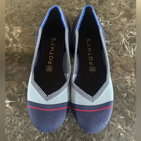 Rothy’s Navy Light Blue Red Stripe Colorblock Rounded Flats Size 8.5 - Picture 4 of 10
